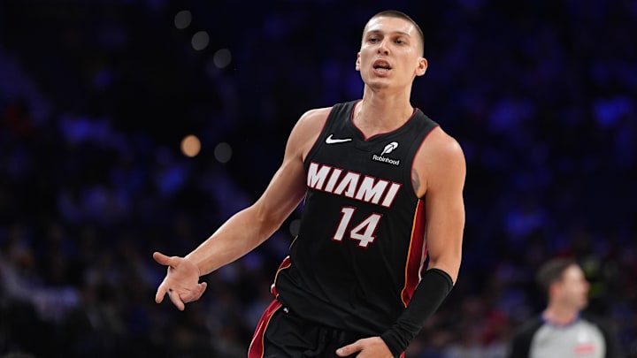 Mar 29, 2025; Philadelphia, Pennsylvania, USA; Miami Heat guard Tyler Herro (14) reacts after scoring against the Philadelphia 76ers in the fourth quarter at Wells Fargo Center. Mandatory Credit: Kyle Ross-Imagn Images