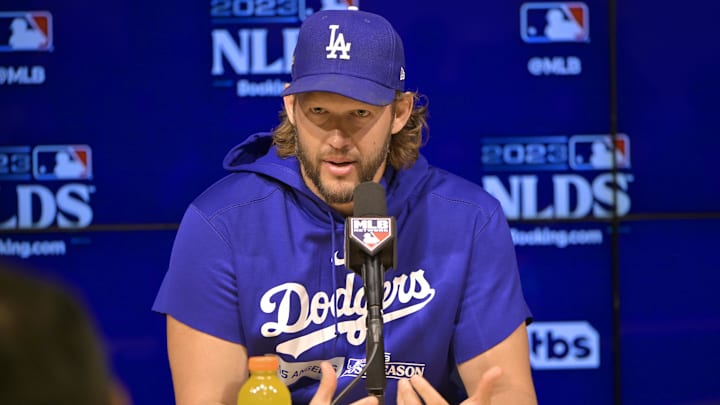 Oct 6, 2023; Los Angeles, CA, USA;  Los Angeles Dodgers starting pitcher Clayton Kershaw (22) speaks