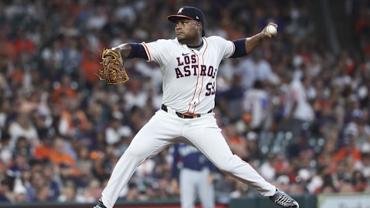 Sep 20, 2025; Houston, Texas, USA; Houston Astros starting pitcher Framber Valdez (59) delivers a. pitch during the first inning against the Seattle Mariners at Daikin Park. Mandatory Credit: Troy Taormina-Imagn Images Sep 20, 2025; Houston, Texas, USA; Houston Astros starting pitcher Framber Valdez (59) delivers a. pitch during the first inning against the Seattle Mariners at Daikin Park. Mandatory Credit: Troy Taormina-Imagn Images