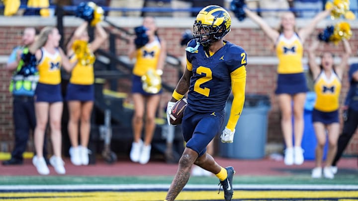 JACKSONVILLE JAGUARS: Michigan defensive back Will Johnson celebrates a touchdown after intercepting USC quarterback Miller Moss during the second half at Michigan Stadium in Ann Arbor on Saturday, Sept. 21, 2024.