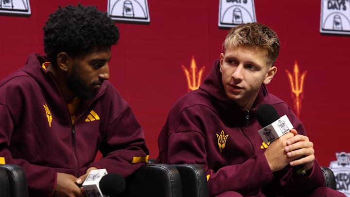Oct 22, 2025; Kansas City, MO, USA; Arizona Stateís Noah Meeusen (right) and Maurice Odom (left) speak to media during Big 12 Menís Basketball media day at T-Mobile Center. Mandatory Credit: Sophia Scheller-Imagn Images Oct 22, 2025; Kansas City, MO, USA; Arizona Stateís Noah Meeusen (right) and Maurice Odom (left) speak to media during Big 12 Menís Basketball media day at T-Mobile Center. Mandatory Credit: Sophia Scheller-Imagn Images
