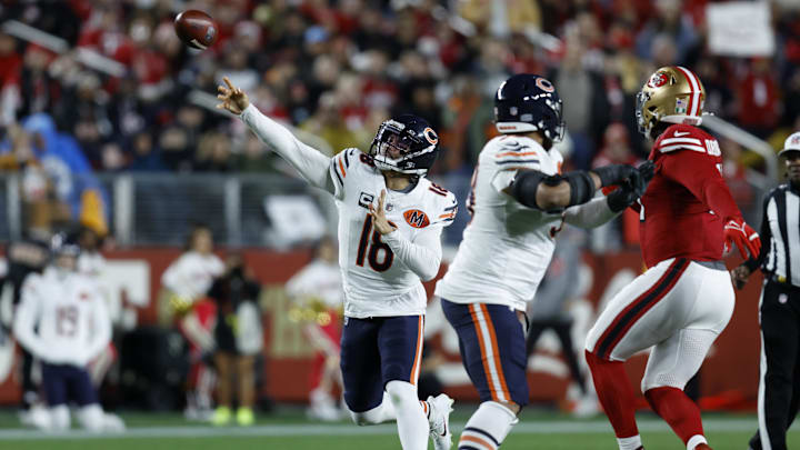 Dec 28, 2025; Santa Clara, California, USA; Chicago Bears quarterback Caleb Williams (18) passes against the San Francisco 49ers in the first half at Levi's Stadium. Mandatory Credit: Sergio Estrada-Imagn Images