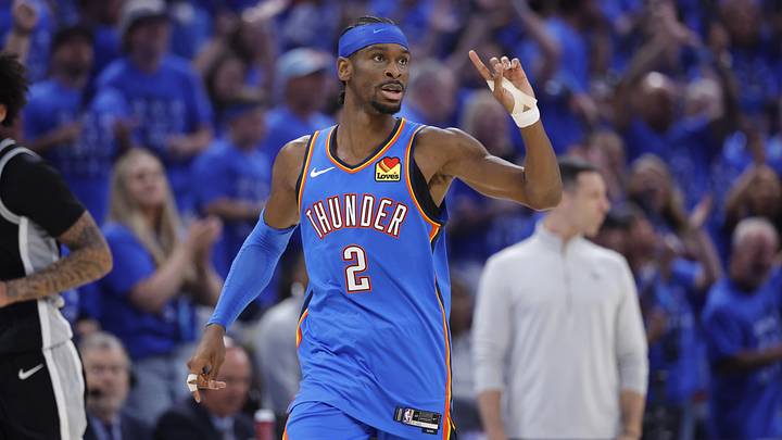 May 30, 2026; Oklahoma City, Oklahoma, USA; Oklahoma City Thunder guard Shai Gilgeous-Alexander (2) reacts in the second quarter against the San Antonio Spurs during game seven of the western conference finals for the 2026 NBA playoffs at Paycom Center. Mandatory Credit: Alonzo Adams-Imagn Images May 30, 2026; Oklahoma City, Oklahoma, USA; Oklahoma City Thunder guard Shai Gilgeous-Alexander (2) reacts in the second quarter against the San Antonio Spurs during game seven of the western conference finals for the 2026 NBA playoffs at Paycom Center. Mandatory Credit: Alonzo Adams-Imagn Images