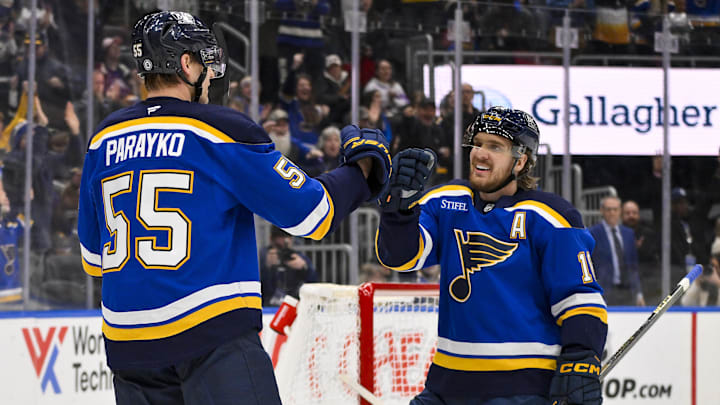 Feb 23, 2025; St. Louis, Missouri, USA;  St. Louis Blues defenseman Colton Parayko (55) is congratulated by center Robert Thomas (18) after scoring against the Colorado Avalanche during the second period at Enterprise Center. Mandatory Credit: Jeff Curry-Imagn Images
