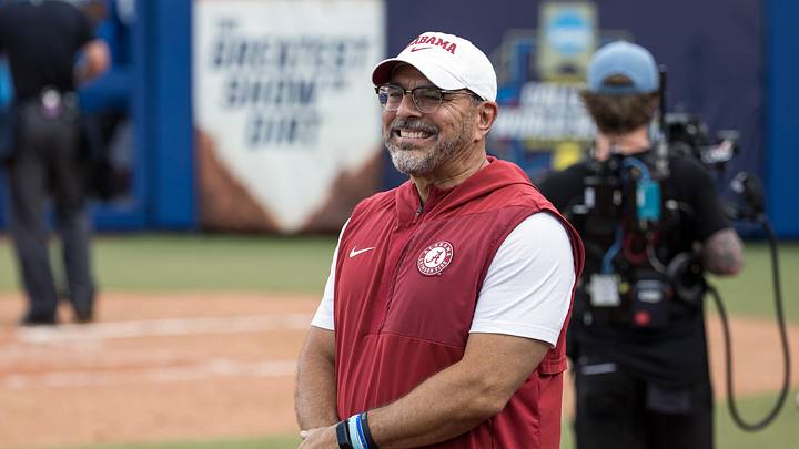 May 28, 2026; Oklahoma City, OK, USA; Alabama Crimson Tide head coach Patrick Murphy smiles in the second inning against the UCLA Bruins during the NCAA Women’s College World Series at Devon Park. Alabama won 6-3. May 28, 2026; Oklahoma City, OK, USA; Alabama Crimson Tide head coach Patrick Murphy smiles in the second inning against the UCLA Bruins during the NCAA Women’s College World Series at Devon Park. Alabama won 6-3.