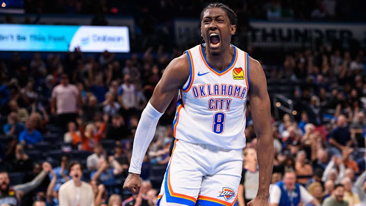 Oct 9, 2023; Oklahoma City, Oklahoma, USA; Oklahoma City Thunder forward Jalen Williams (8) reacts after scoring a basket against the San Antonio Spurs during the first half at Paycom Center. Mandatory Credit: Rob Ferguson-Imagn Images