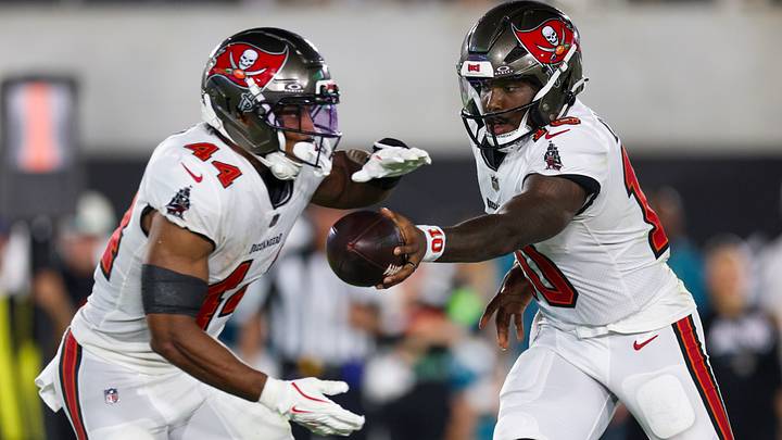 Aug 28, 2026; Jacksonville, Florida, USA; Tampa Bay Buccaneers quarterback Jalon Daniels (10) hands off to running back Sean Tucker (44) against the Jacksonville Jaguars in the second quarter during preseason at EverBank Stadium. Mandatory Credit: Nathan Ray Seebeck-Imagn Images