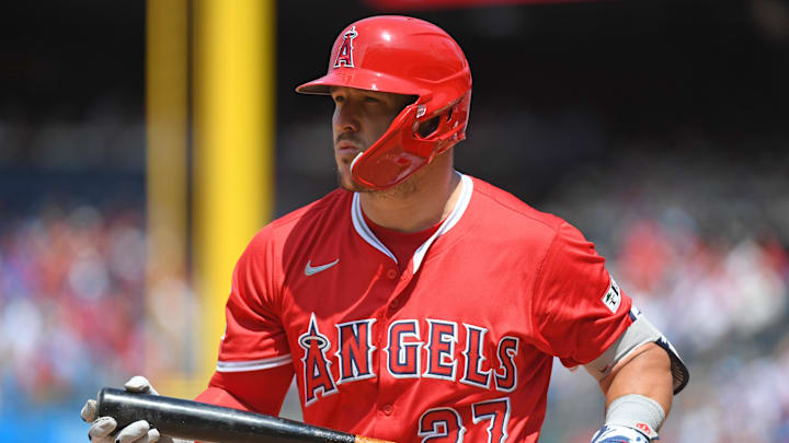 Jul 20, 2025; Philadelphia, Pennsylvania, USA; Los Angeles Angels outfielder Mike Trout (27) walks back to the dugout after striking out during the first inning against the Philadelphia Phillies at Citizens Bank Park. Mandatory Credit: Eric Hartline-Imagn Images