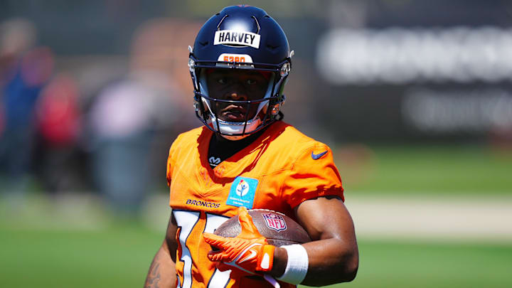 May 10, 2025; Englewood, CO, USA; Denver Broncos running back RJ Harvey (37) during rookie minicamp at Broncos Park Powered by CommonSpirit. Mandatory Credit: Ron Chenoy-Imagn Images
