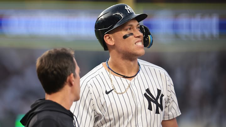 Jun 18, 2024; Bronx, New York, USA; New York Yankees center fielder Aaron Judge (99) reacts after being hit by a pitch during the third inning against the Baltimore Orioles at Yankee Stadium. Mandatory Credit: Vincent Carchietta-USA TODAY Sports