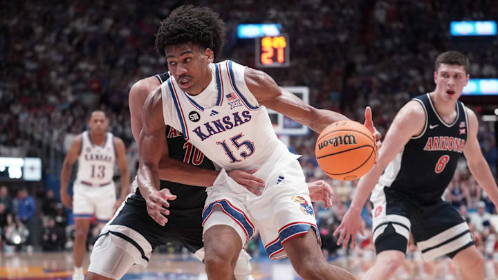 Kansas Jayhawks forward Bryson Tiller (15) drives the ball against Arizona Wildcats during the game inside Allen Fieldhouse on Feb. 9, 2026.