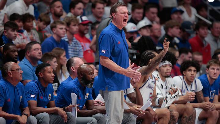 Kansas Jayhawks head coach Bill Self yells from the bench during the exhibition game against Louisville Cardinals inside Allen Fieldhouse in Lawrence, Kansas on Oct. 21, 2026.