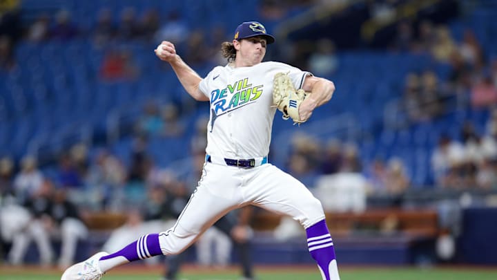 Aug 16, 2024; St. Petersburg, Florida, USA; Tampa Bay Rays pitcher Ryan Pepiot (44) throws a pitch against the Arizona Diamondbacks in the first inning at Tropicana Field.