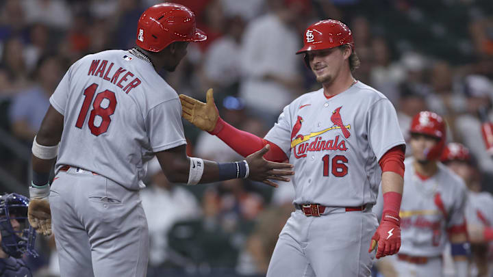 Apr 17, 2026; Houston, Texas, USA; St. Louis Cardinals third baseman Nolan Gorman (16) celebrates with right fielder Jordan Walker (18) after hitting a home run during the seventh inning against the Houston Astros at Daikin Park. Mandatory Credit: Troy Taormina-Imagn Images