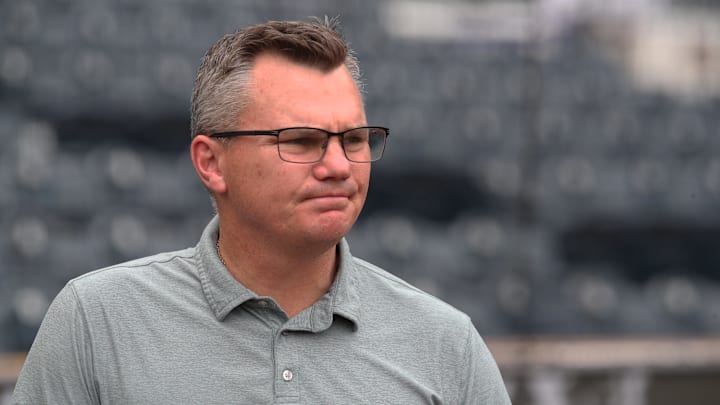 Apr 19, 2025; Pittsburgh, Pennsylvania, USA;  Pittsburgh Pirates general manager Ben Cherington observes batting practice before the game against the Cleveland Guardians at PNC Park. Mandatory Credit: Charles LeClaire-Imagn Images