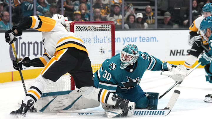 Nov 4, 2023; San Jose, California, USA; San Jose Sharks goaltender Magnus Chrona (30) defends a shot