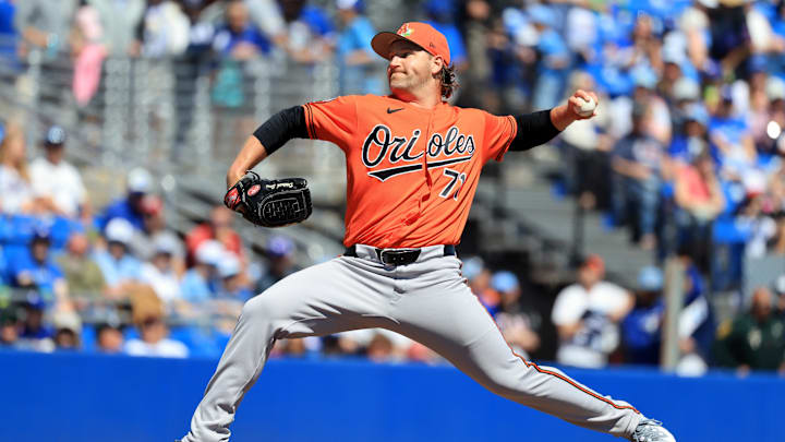 Mar 18, 2026; Dunedin, Florida, USA;  Baltimore Orioles pitcher Dietrich Enns (71) throws a pitch during the sixth inning against the Toronto Blue Jays at TD Ballpark. Mandatory Credit: Kim Klement Neitzel-Imagn Images