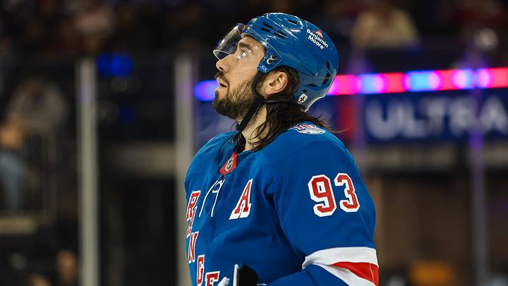 Apr 5, 2026; New York, New York, USA; New York Rangers center Mika Zibanejad (93) skates against the Washington Capitals during the third period at Madison Square Garden. Mandatory Credit: Danny Wild-Imagn Images