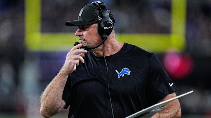 Detroit Lions head coach Dan Campbell watches a play against the Baltimore Ravens during the first half at M&T Bank Stadium in Baltimore, Md., on Monday, Sept. 22, 2025.
