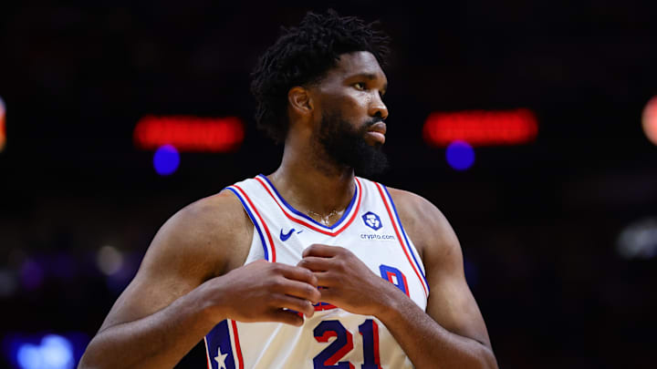 Nov 18, 2024; Miami, Florida, USA; Philadelphia 76ers center Joel Embiid (21) looks on against the Miami Heat during the third quarter at Kaseya Center. Mandatory Credit: Sam Navarro-Imagn Images