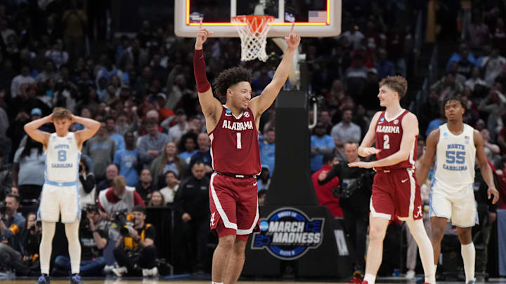 Mar 28, 2024; Los Angeles, CA, USA; Alabama Crimson Tide guard Mark Sears (1) celebrates after defeating the North Carolina Tar Heels in the semifinals of the West Regional of the 2024 NCAA Tournament at Crypto.com Arena. Mandatory Credit: Kirby Lee-Imagn Images