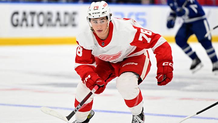 Detroit Red Wings forward Amadeus Lombardi (78) pursues the play against the Toronto Maple Leafs in the third period at Scotiabank Arena. Mandatory Credit: Dan Hamilton-USA TODAY Sports Detroit Red Wings forward Amadeus Lombardi (78) pursues the play against the Toronto Maple Leafs in the third period at Scotiabank Arena. Mandatory Credit: Dan Hamilton-USA TODAY Sports