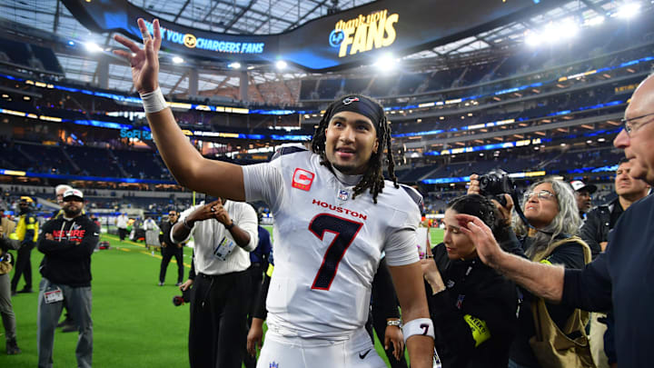Dec 27, 2025; Inglewood, California, USA;  Houston Texans quarterback C.J. Stroud (7) waves to fans following a game against the Los Angeles Chargers at SoFi Stadium. Mandatory Credit: Gary A. Vasquez-Imagn Images