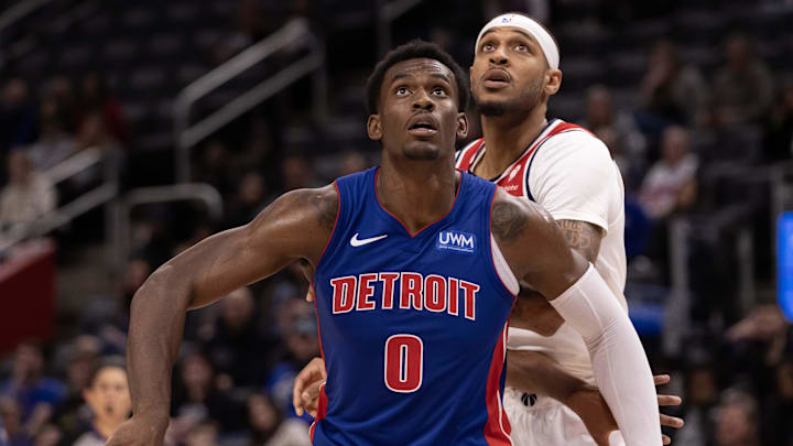 Nov 27, 2023; Detroit, Michigan, USA; Detroit Pistons guard Malcolm Cazalon (20) blocks out