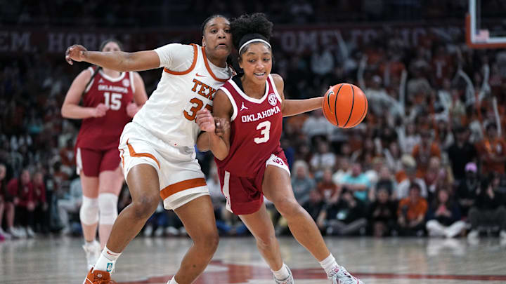 Oklahoma sophomore Zya Vann drives against Texas.