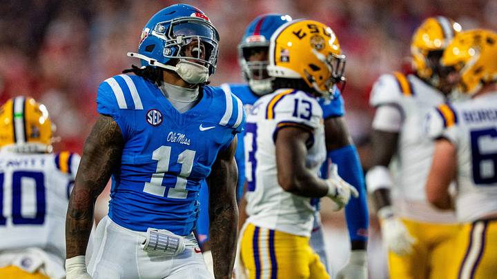 Ole Miss linebacker Keaton Thomas (11) celebrates during a college football game between Ole Miss and LSU at Vaught Hemingway Stadium in Oxford, Miss., on Saturday, Sept. 19, 2026.