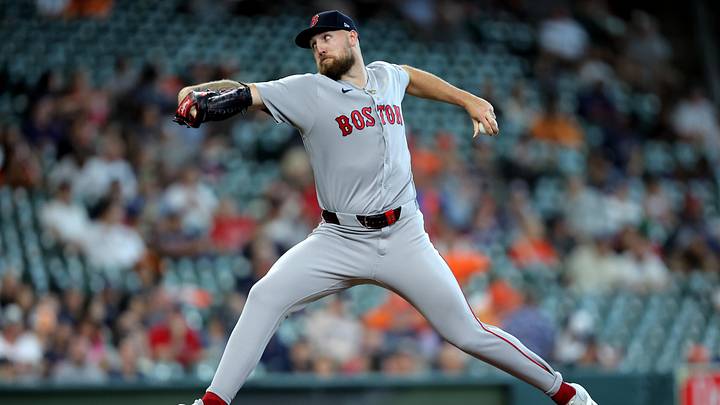 Apr 1, 2026; Houston, Texas, USA; Boston Red Sox pitcher Garrett Crochet (35) delivers a pitch against the Houston Astros during the first inning at Daikin Park. Mandatory Credit: Erik Williams-Imagn Images