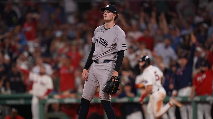 Jun 25, 2026; Boston, Massachusetts, USA; New York Yankees pitcher Cam Schlittler (31) looks on as Boston Red Sox third baseman Caleb Durbin (5) hits a two run home run in the fifth inning at Fenway Park. Mandatory Credit: David Butler II-Imagn Images