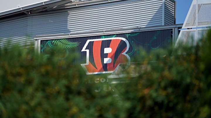 Jul 28, 2019; Cincinnati, OH, USA; A view of the Cincinnati Bengals logo on the side of the stadium during training camp at Paul Brown Stadium. Mandatory Credit: Aaron Doster-Imagn Images