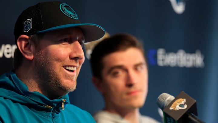 Jacksonville Jaguars head coach Liam Coen, left, speaks next to general manager James Gladstone during a press conference at Miller Electric Center Tuesday, April 15, 2025 in Jacksonville, Fla. [Corey Perrine/Florida Times-Union]