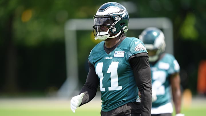 Jun 10, 2025; Philadelphia, PA, USA; Philadelphia Eagles wide receiver A.J. Brown (11) looks on during a practice drill at NovaCare Complex.