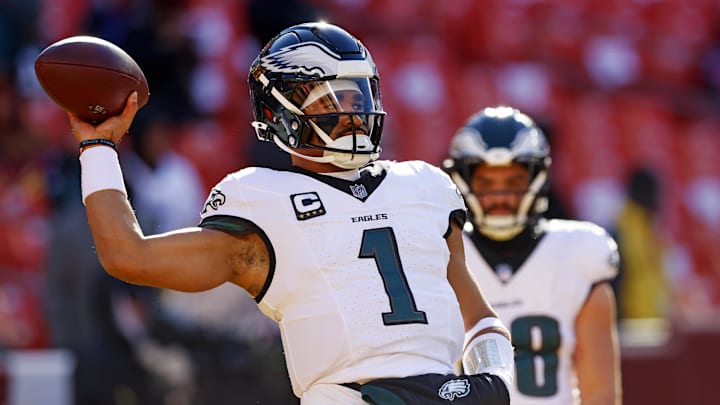 Dec 22, 2024; Landover, Maryland, USA; Philadelphia Eagles quarterback Jalen Hurts (1) warms up before the game against the Washington Commanders at Northwest Stadium. Mandatory Credit: Peter Casey-Imagn Images