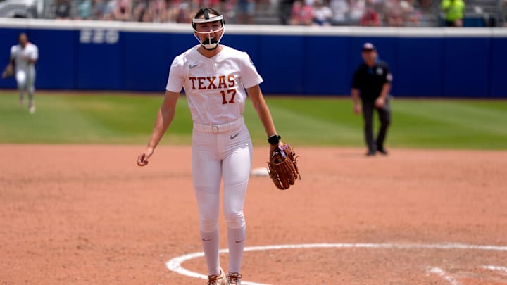 Texas pitcher Teagan Kavan (17) celebrates after a Women's College World Series softball game between the Tennessee Volunteers and the Texas Longhorns at Devon Park in Oklahoma City, Monday, June 2, 2025. Texas won 2-0.
