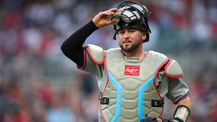 Apr 13, 2026; Atlanta, Georgia, USA; Miami Marlins catcher Liam Hicks (34) in action against the Atlanta Braves in the first inning at Truist Park. Mandatory Credit: Brett Davis-Imagn Images Apr 13, 2026; Atlanta, Georgia, USA; Miami Marlins catcher Liam Hicks (34) in action against the Atlanta Braves in the first inning at Truist Park. Mandatory Credit: Brett Davis-Imagn Images