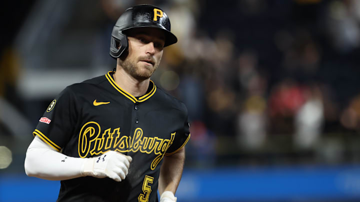 Apr 13, 2026; Pittsburgh, Pennsylvania, USA;  Pittsburgh Pirates second baseman Brandon Lowe (5) circles the bases on a three run home run against the Washington Nationals during the sixth inning at PNC Park. Mandatory Credit: Charles LeClaire-Imagn Images