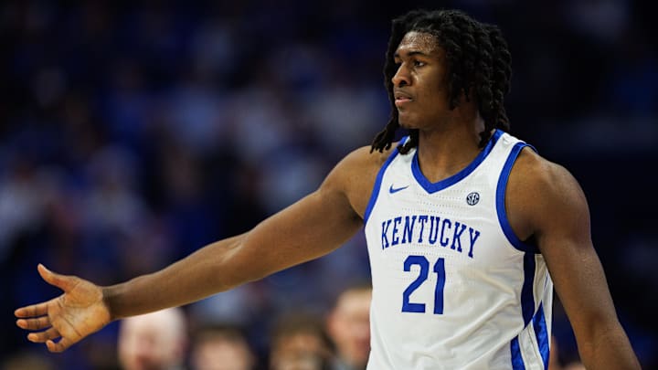 Dec 23, 2025; Lexington, Kentucky, USA; Kentucky Wildcats forward Jayden Quaintance (21) fives a teammate during the first half against the Bellarmine Knights at Rupp Arena at Central Bank Center. Mandatory Credit: Jordan Prather-Imagn Images