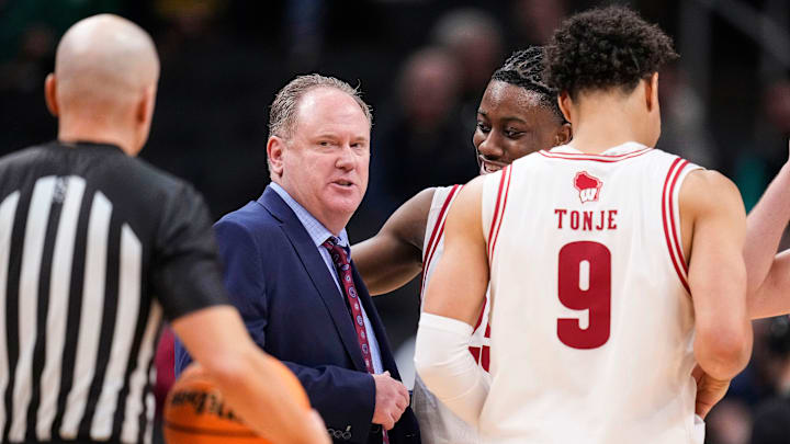 Wisconsin Badgers head coach Greg Gard looks to the referee after a timeout Thursday, March 13, 2025, during the second round of the men's Big Ten tournament at Gainbridge Fieldhouse in Indianapolis. The Wisconsin Badgers defeated the Northwestern Wildcats, 70-63.