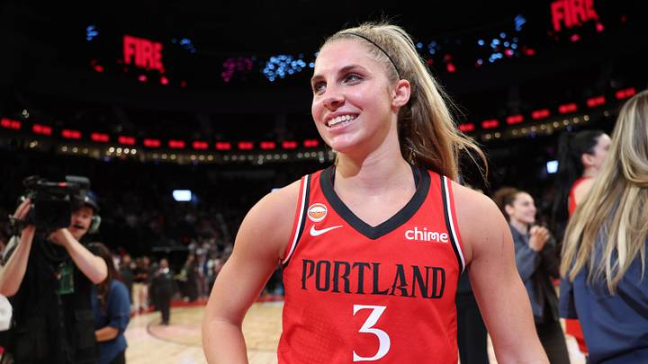 May 18, 2026; Portland, Oregon, USA; Portland Fire guard Sarah Ashlee Barker (3) reacts after the Fire defeated the Connecticut Sun at Moda Center. Mandatory Credit: Jaime Valdez-Imagn Images