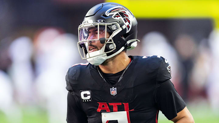 Dec 21, 2025; Glendale, Arizona, USA; Atlanta Falcons safety Jessie Bates III (3) against the Arizona Cardinals at State Farm Stadium. Mandatory Credit: Mark J. Rebilas-Imagn Images
