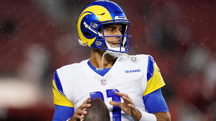 Los Angeles Rams quarterback Jimmy Garoppolo warms up before a game. Los Angeles Rams quarterback Jimmy Garoppolo warms up before a game.