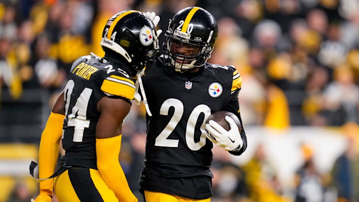 Pittsburgh Steelers cornerback Patrick Peterson (20) celebrates an interception in the first quarter of the NFL 16 game between the Pittsburgh Steelers and the Cincinnati Bengals at Acrisure Stadium in Pittsburgh on Saturday, Dec. 23, 2023. The Steelers led 24-0 at halftime.