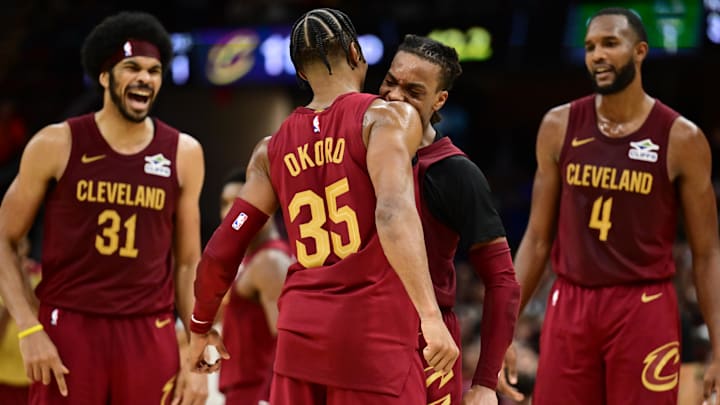 Nov 4, 2024; Cleveland, Ohio, USA; Cleveland Cavaliers guard Darius Garland (10) celebrates with forward Isaac Okoro (35) during the second half against the Milwaukee Bucks at Rocket Mortgage FieldHouse. Mandatory Credit: Ken Blaze-Imagn Images