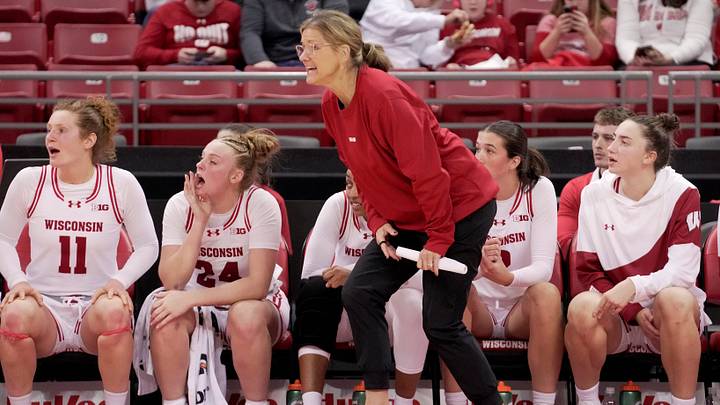 Wisconsin head coach Robin Pingeton is shown during the first half of their game against UW-River Falls Monday, October 27, 2025 at the Kohl Center in Madison, Wisconsin.