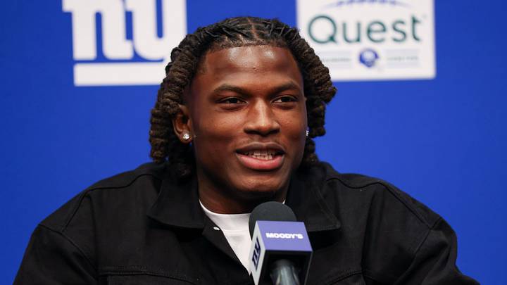 Apr 24, 2026; East Rutherford, NJ, USA; New York Giants draft pick Arvell Reese addresses the media during the introductory press conference at Quest Diagnostics Training Center. Mandatory Credit: Tom Horak-Imagn Images