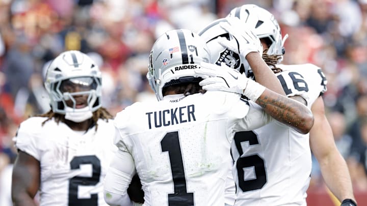 Sep 21, 2025; Landover, Maryland, USA; Las Vegas Raiders wide receiver Tre Tucker (1) celebrates after scoring a touchdown during the second half against the Washington Commanders at Northwest Stadium. Mandatory Credit: Amber Searls-Imagn Images Sep 21, 2025; Landover, Maryland, USA; Las Vegas Raiders wide receiver Tre Tucker (1) celebrates after scoring a touchdown during the second half against the Washington Commanders at Northwest Stadium. Mandatory Credit: Amber Searls-Imagn Images