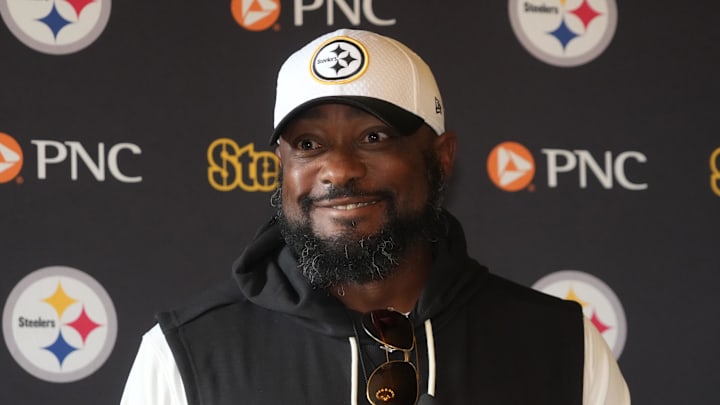 Sep 26, 2025; Maynooth, Ireland; Pittsburgh Steelers coach Mike Tomlin at press conference at Carton House. Mandatory Credit: Kirby Lee-Imagn Images